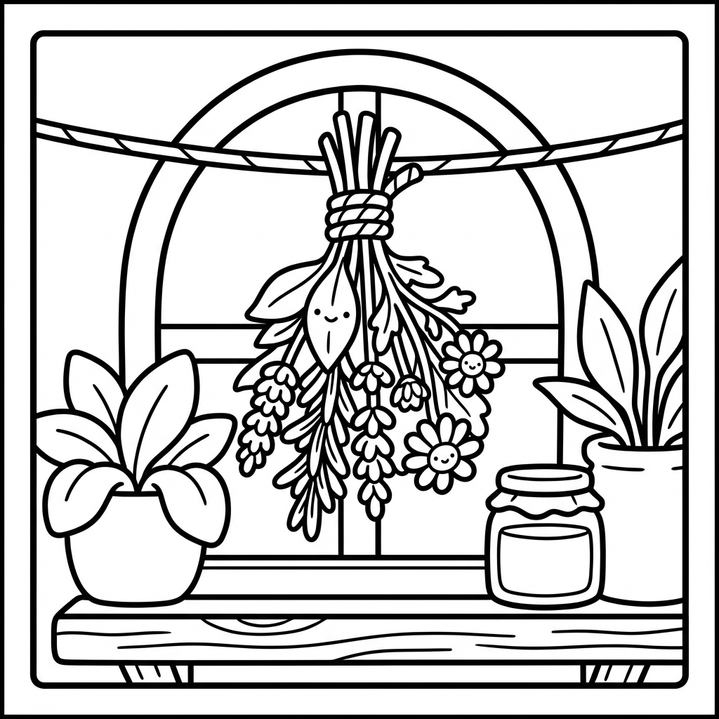 Cute hanging herb bundle on a windowsill, designed as easy coloring pages for toddlers and thick line coloring pages.